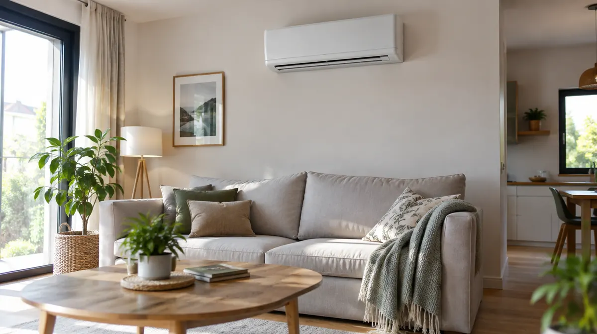 Unité intérieure de climatisation murale au-dessus d'un canapé dans un salon lumineux