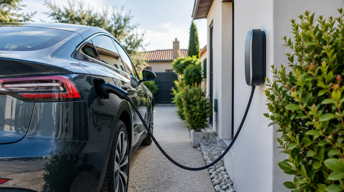 Voiture électrique en charge sur une borne murale dans une allée de maison