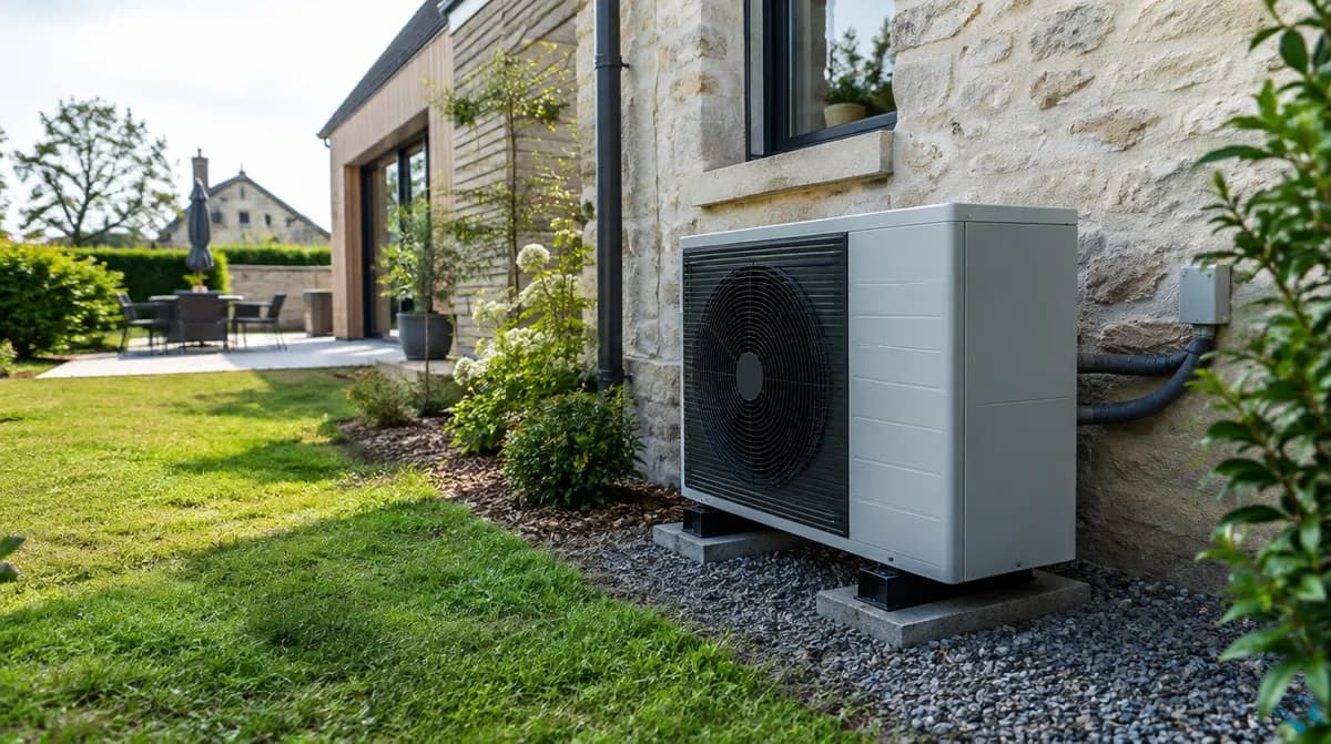 Pompe à chaleur neuve installée dans le jardin d'une maison rénovée
