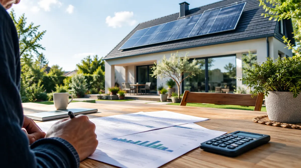 Maison avec panneaux solaires et documents de financement sur une table