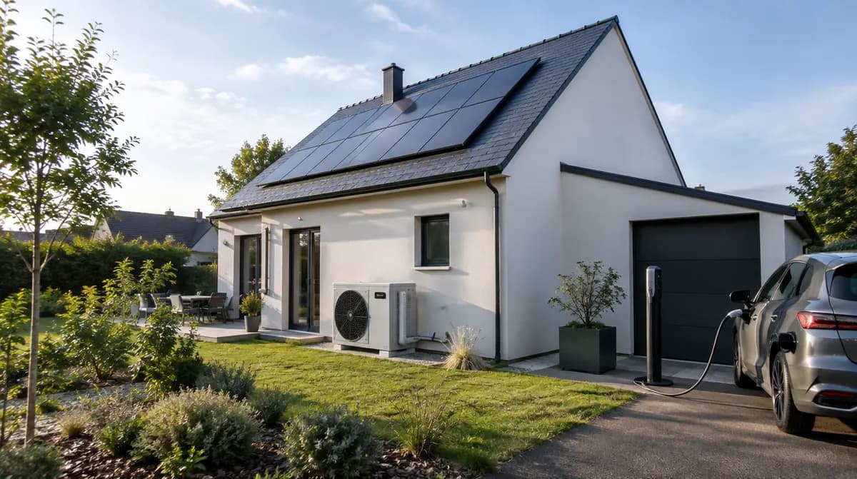 Maison équipée de panneaux solaires, d'une pompe à chaleur et d'une borne de recharge