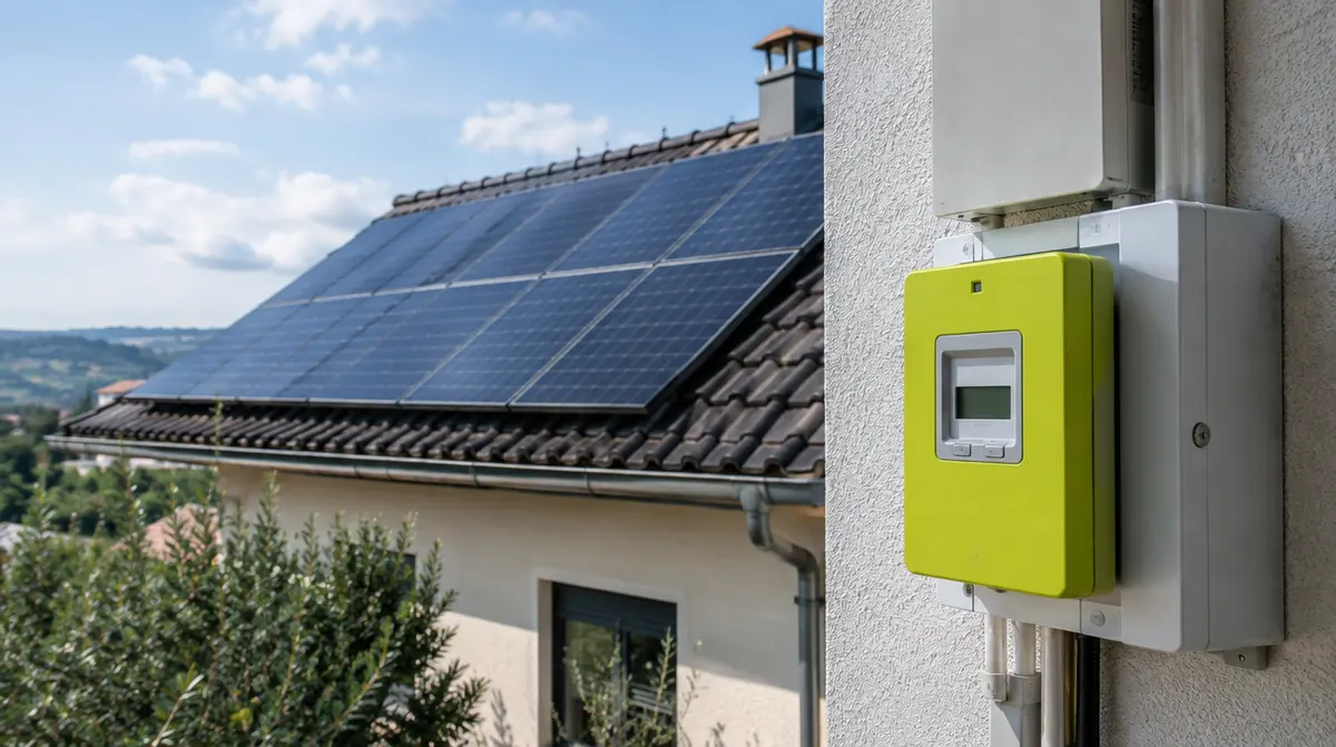 Panneaux solaires sur une toiture avec un compteur Linky au premier plan