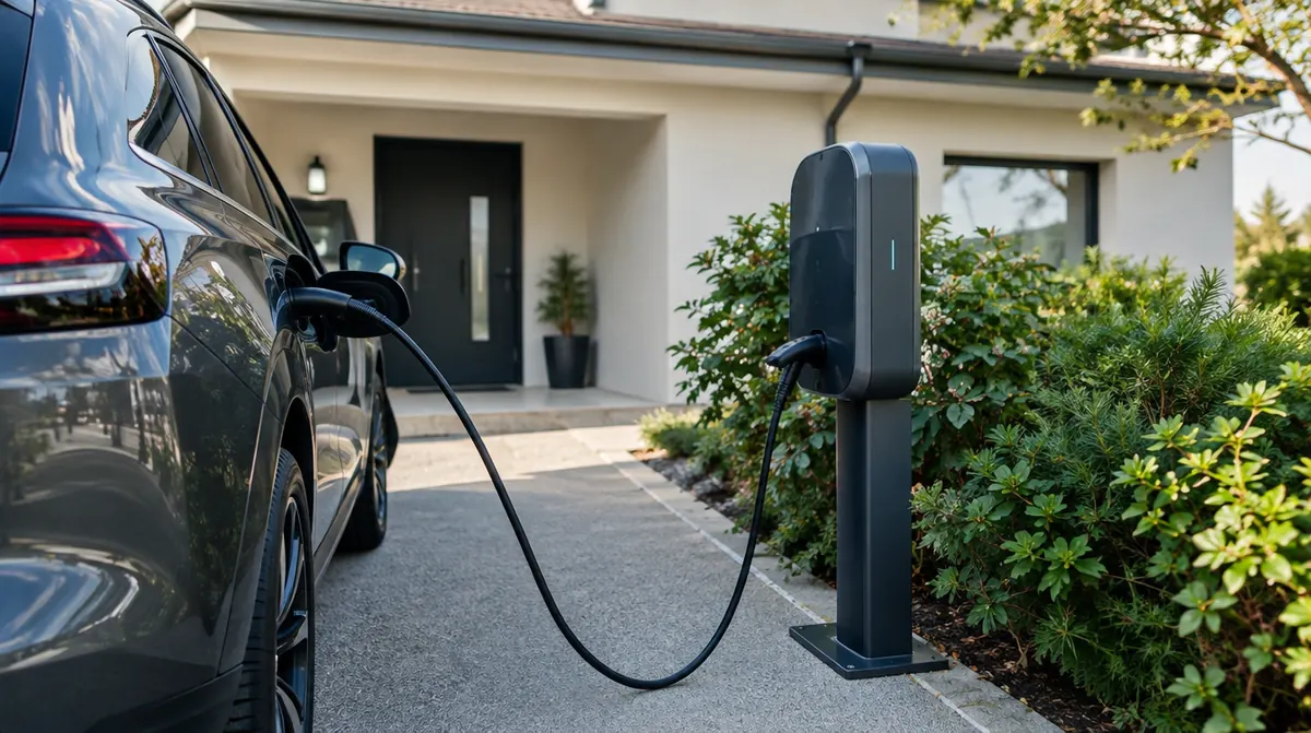 Borne de recharge sur une place de stationnement privée devant une maison