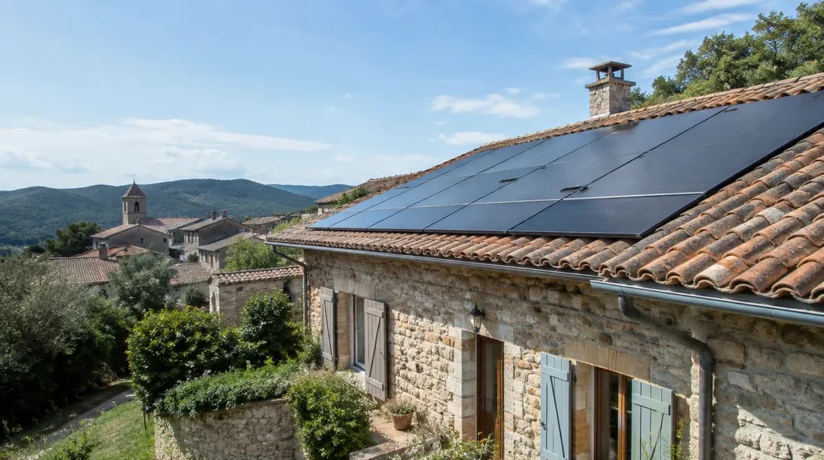 Maison de village avec panneaux solaires intégrés à une toiture traditionnelle