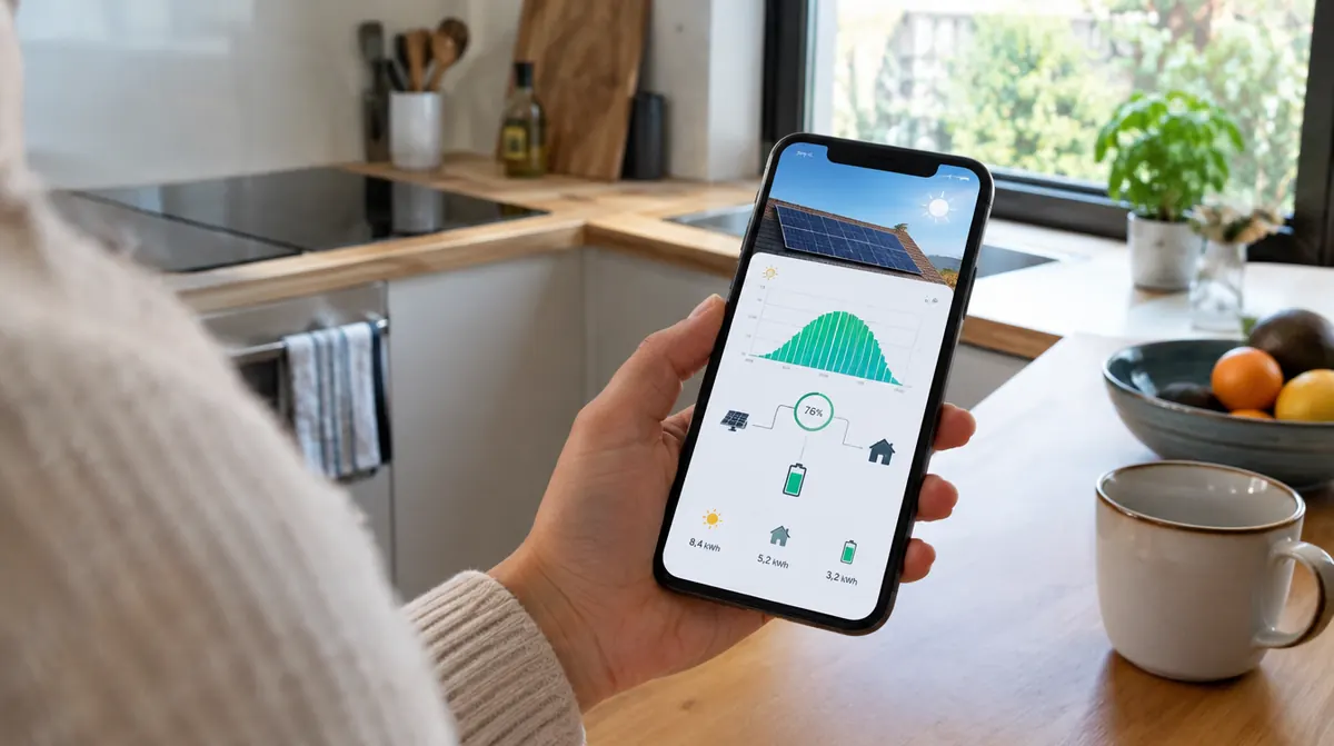 Application de suivi de production solaire affichée sur un smartphone dans une cuisine