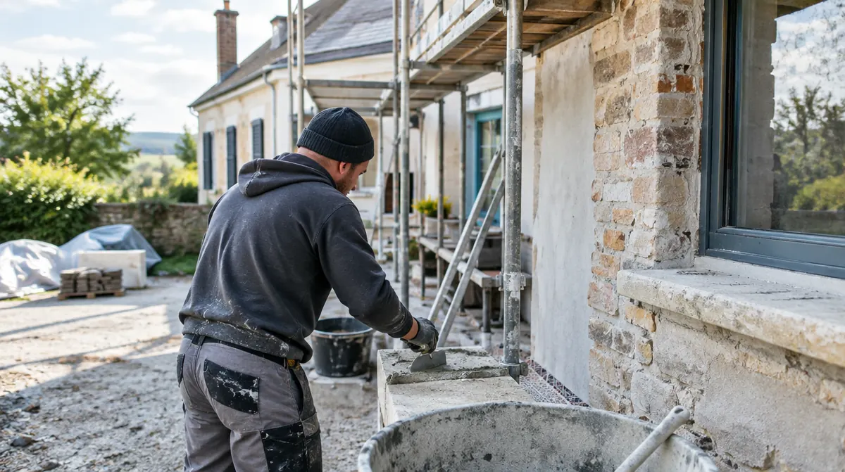 Artisan qualifié en tenue de travail devant une maison en rénovation
