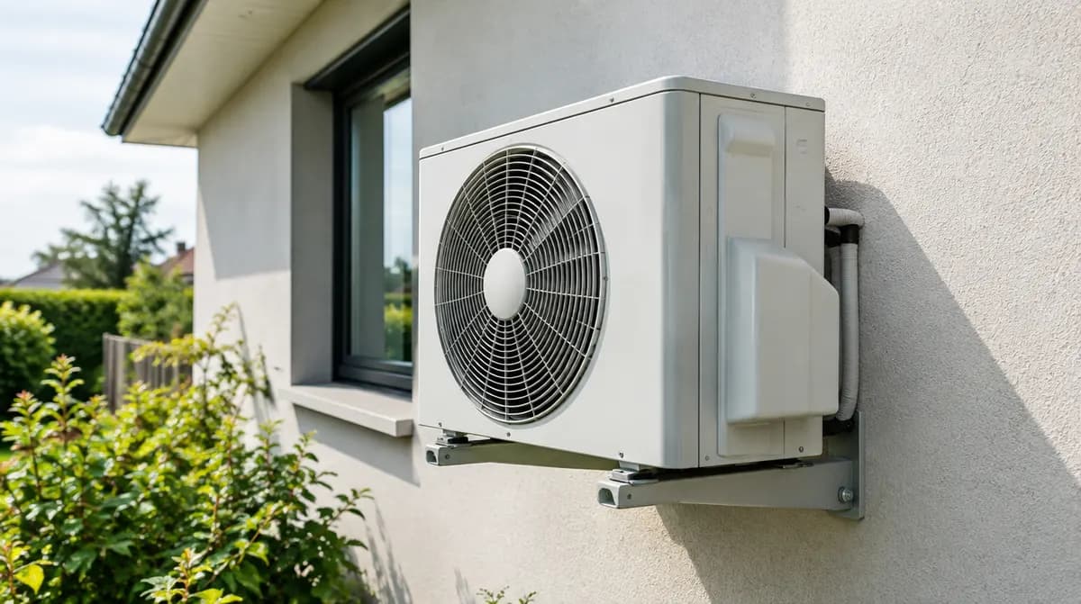 Unité extérieure de climatisation fixée au mur d'une maison