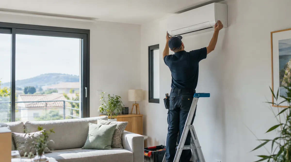 Technicien installant une unité intérieure de climatisation dans un salon