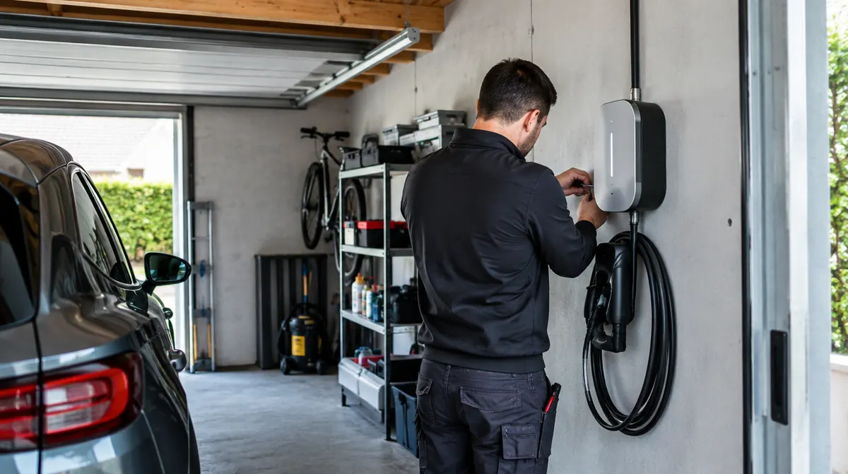 Électricien installant une borne de recharge murale dans un garage