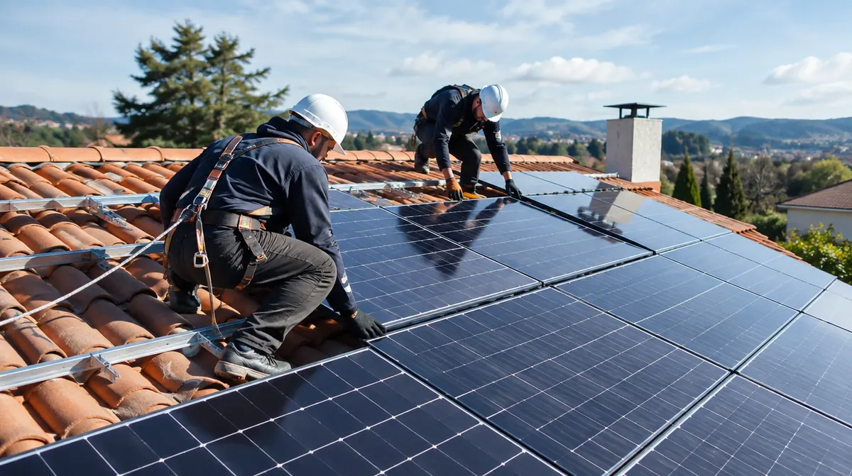 Installateurs posant des panneaux solaires sur le toit d'une maison