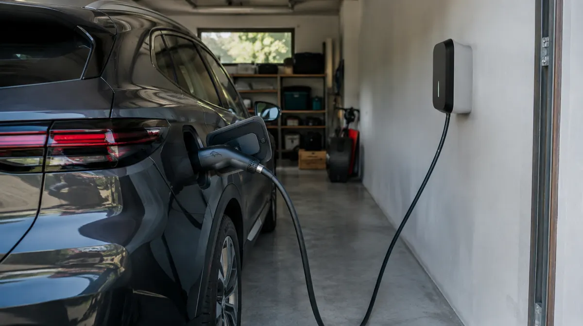 Voiture électrique branchée à une borne murale dans le garage d'une maison