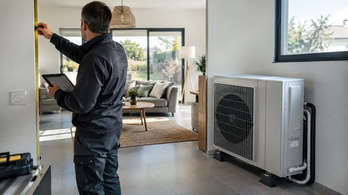 Technicien réalisant des mesures dans une maison pour dimensionner une pompe à chaleur