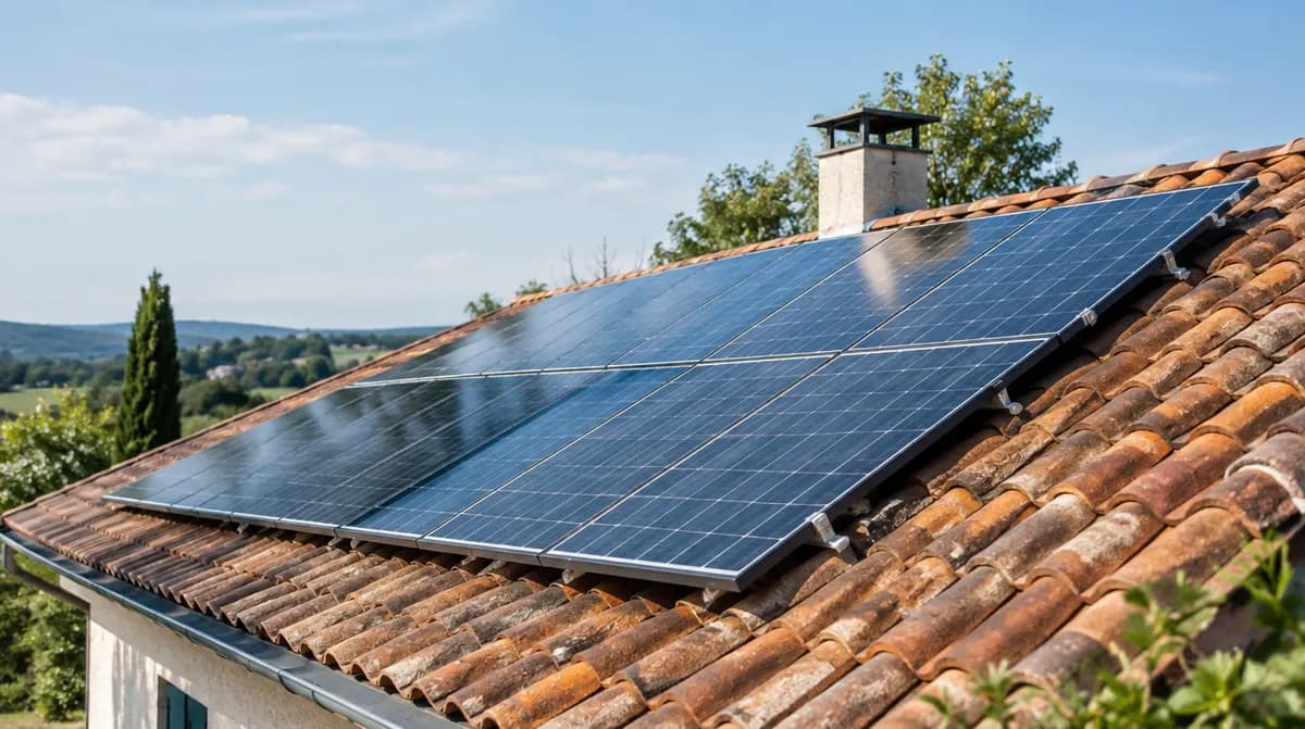 Panneaux solaires installés depuis plusieurs années sur une toiture en tuiles