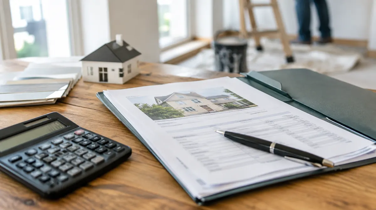Calculatrice, stylo et dossier de prêt pour financer des travaux de rénovation