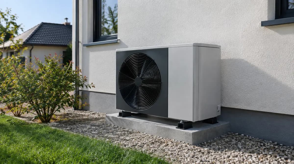 Pompe à chaleur air-eau installée à l'extérieur d'une maison sur un socle