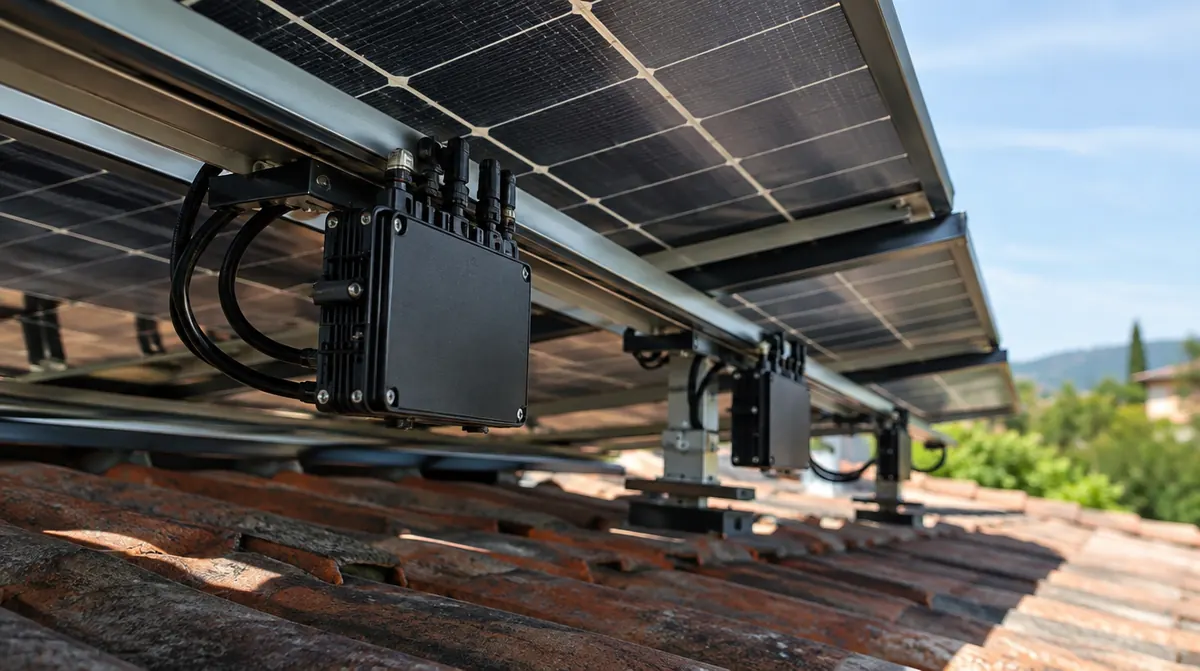 Micro-onduleurs fixés sous des panneaux solaires sur une toiture