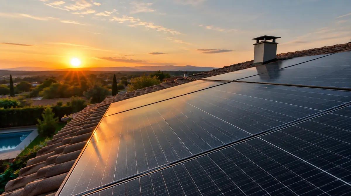 Toiture de maison avec panneaux solaires au coucher du soleil