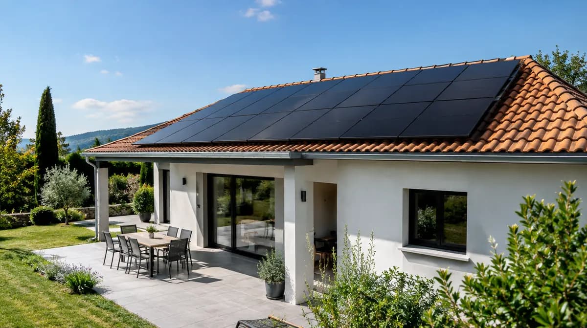 Maison individuelle équipée de panneaux solaires noirs sous un ciel bleu