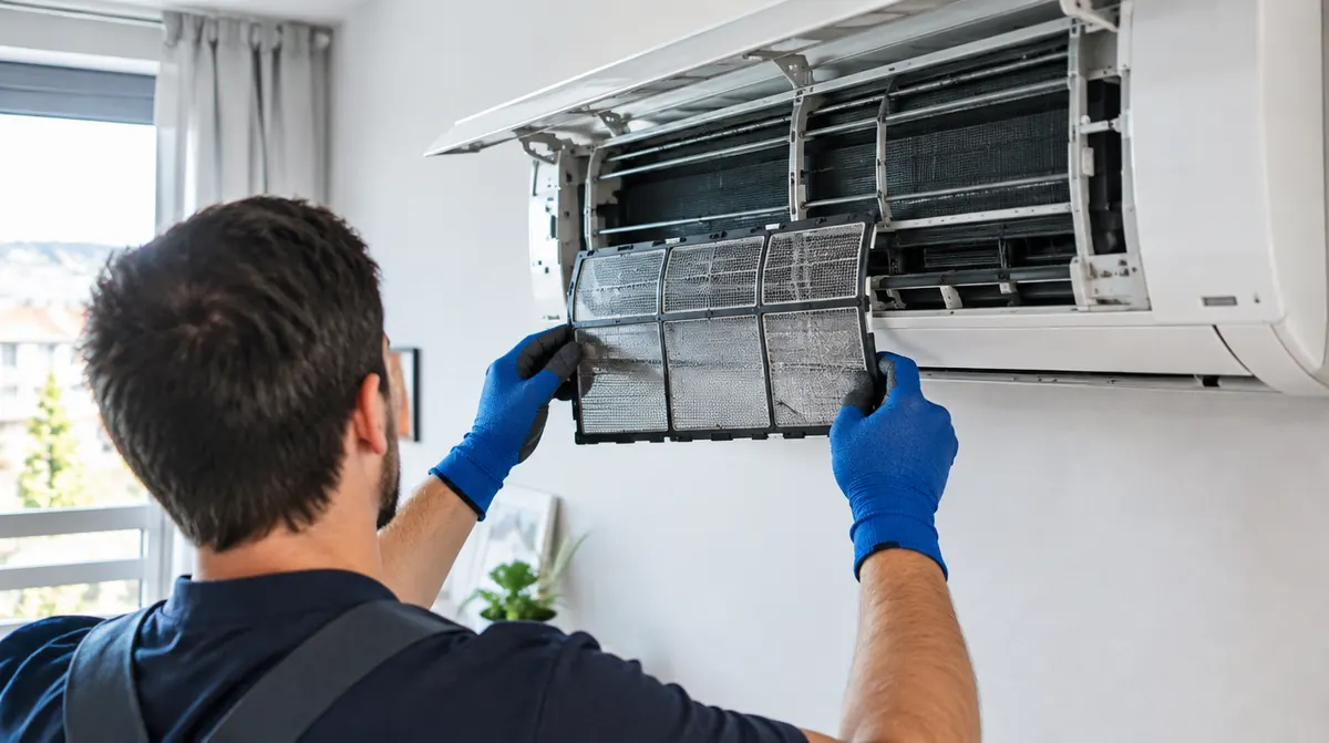 Technicien nettoyant le filtre d'une climatisation murale