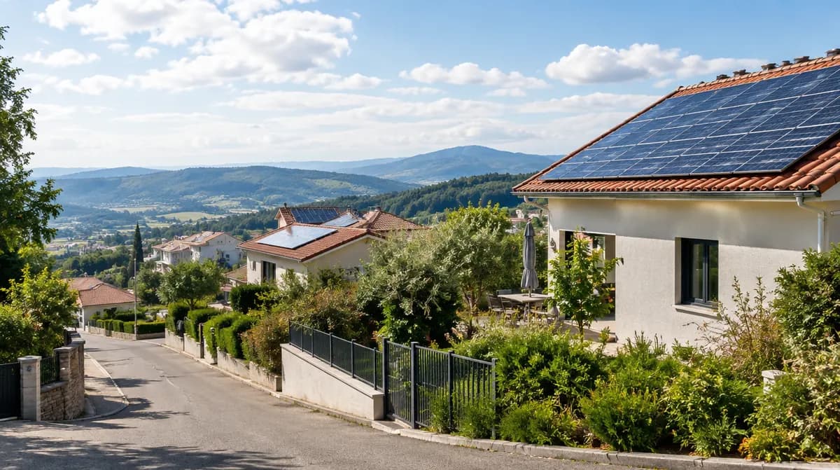 Quartier résidentiel des Monts du Lyonnais avec des maisons équipées de panneaux solaires