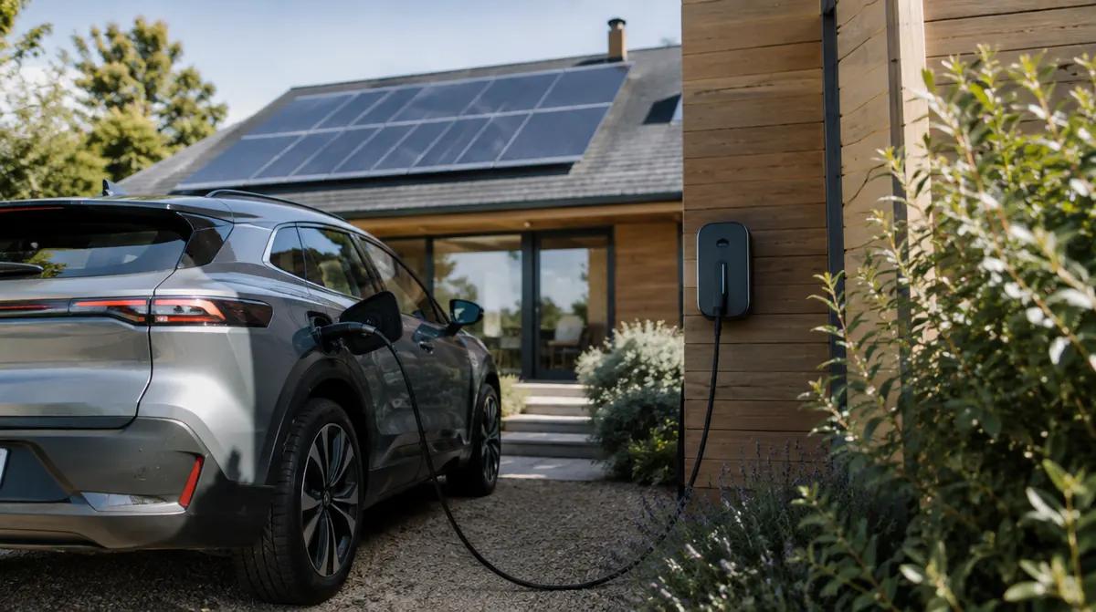 Voiture électrique en charge devant une maison équipée de panneaux solaires