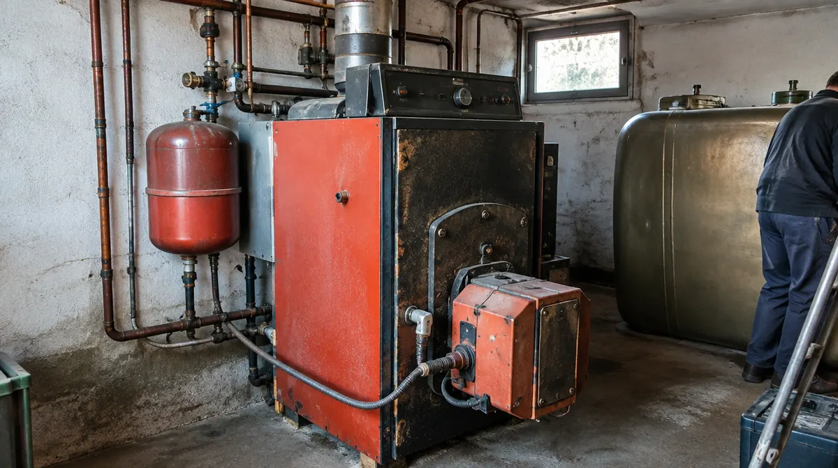 Ancienne chaudière au fioul dans une chaufferie avant remplacement