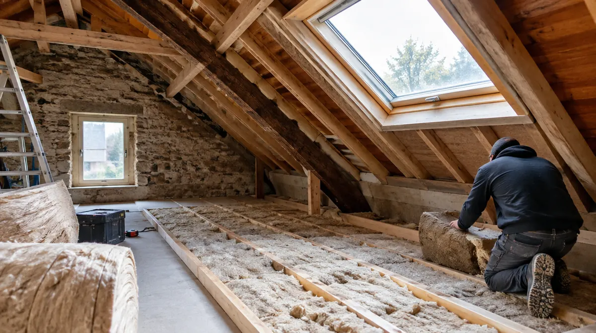 Maison ancienne en cours de rénovation énergétique avec isolation des combles