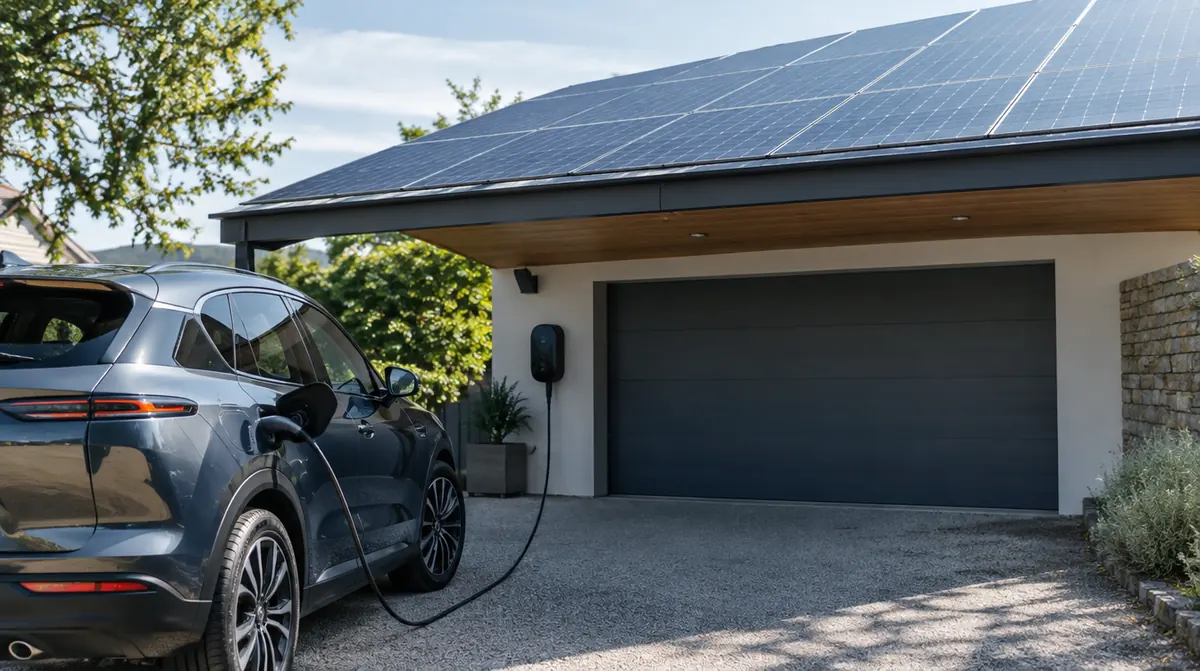 Voiture électrique en charge devant un garage couvert de panneaux solaires