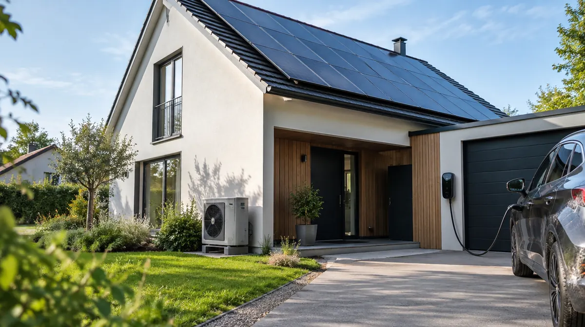 Maison moderne avec panneaux solaires, pompe à chaleur et borne de recharge