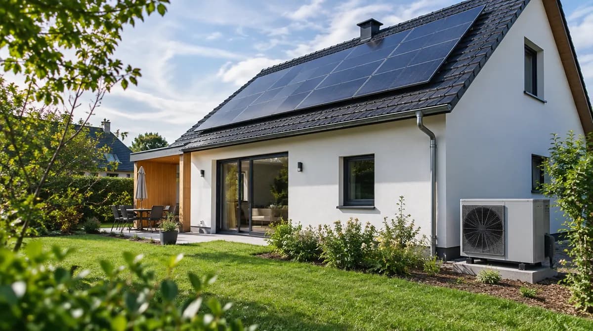 Maison équipée de panneaux solaires et d'une pompe à chaleur air-eau