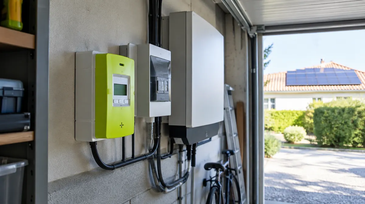 Compteur électrique communicant dans le garage d'une maison équipée de panneaux solaires