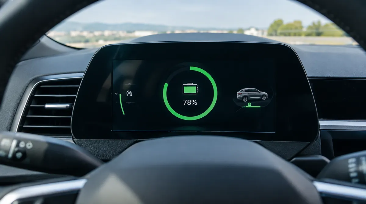 Tableau de bord d'une voiture électrique affichant le niveau de charge de la batterie