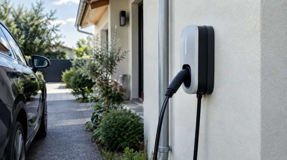 Borne de recharge murale fixée sur la façade d'une maison à côté d'une allée
