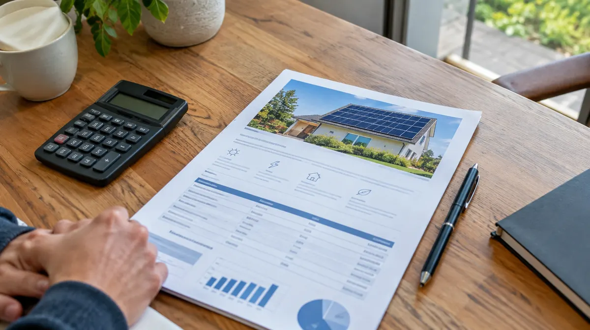 Devis d'installation photovoltaïque posé sur une table à côté d'une calculatrice