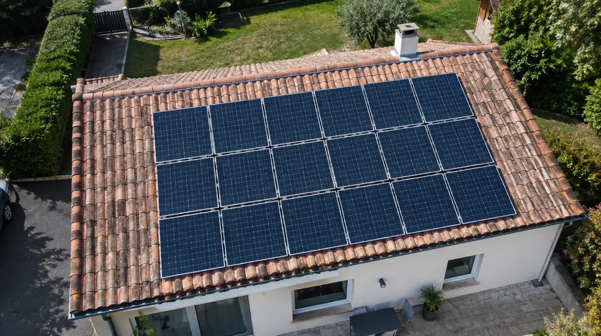 Vue aérienne d'une toiture équipée de dix-huit panneaux solaires