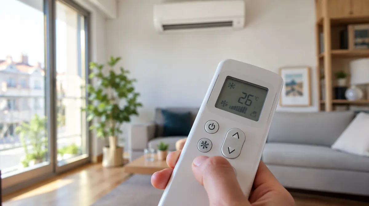 Télécommande de climatisation affichant une température de consigne de 26 degrés