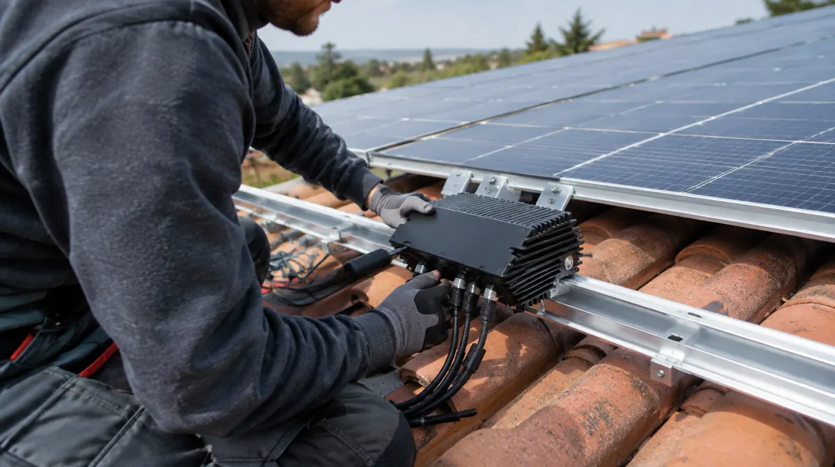 Installateur fixant un micro-onduleur sur un rail de montage de panneaux solaires