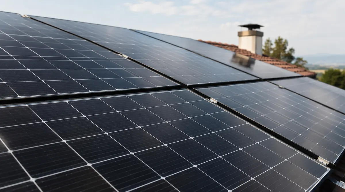 Gros plan sur des panneaux solaires monocristallins noirs de 500 Wc