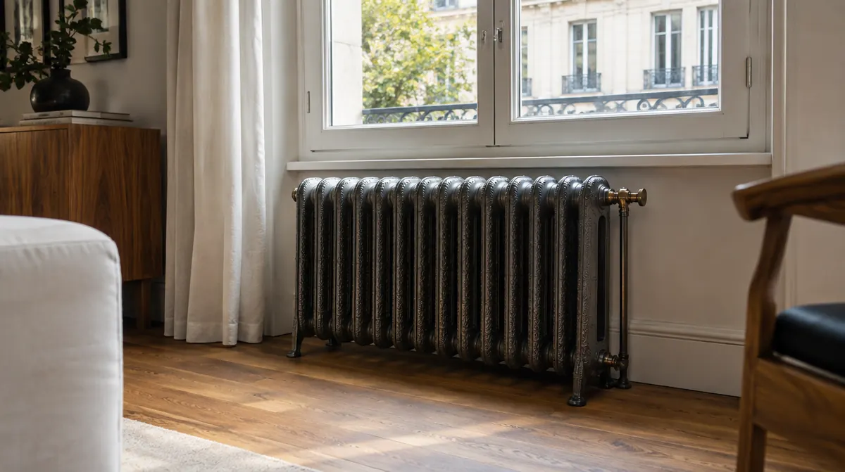 Radiateur en fonte ancien sous une fenêtre dans une maison rénovée
