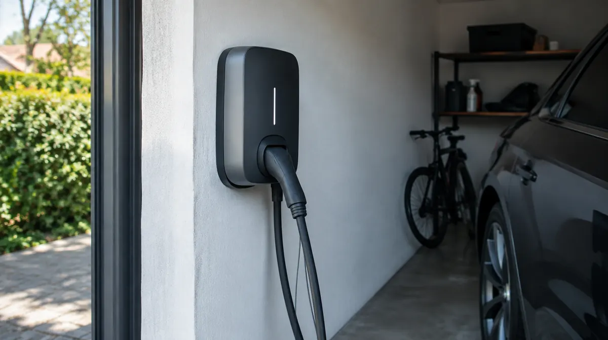 Borne de recharge compacte au design sobre fixée sur un mur de garage