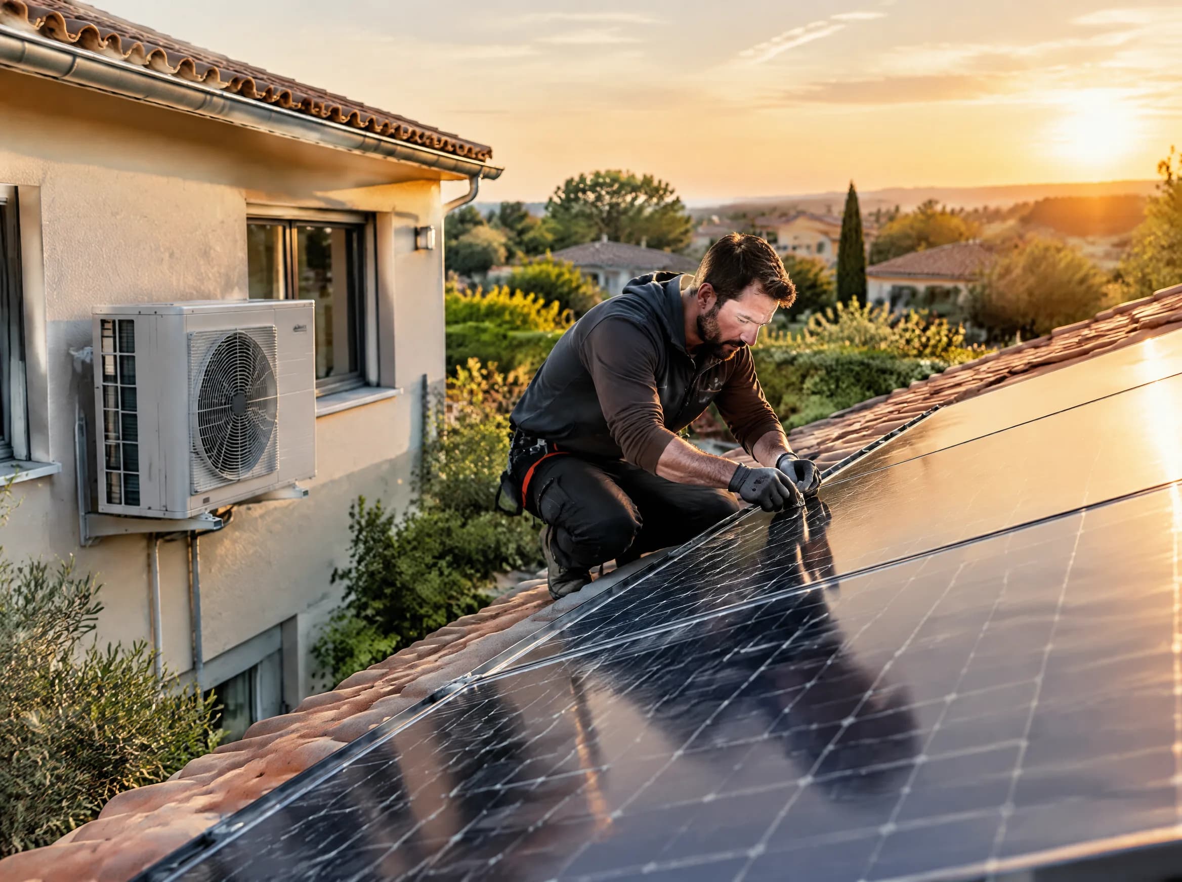 Technicien Saytel installant des panneaux solaires et une pompe à chaleur