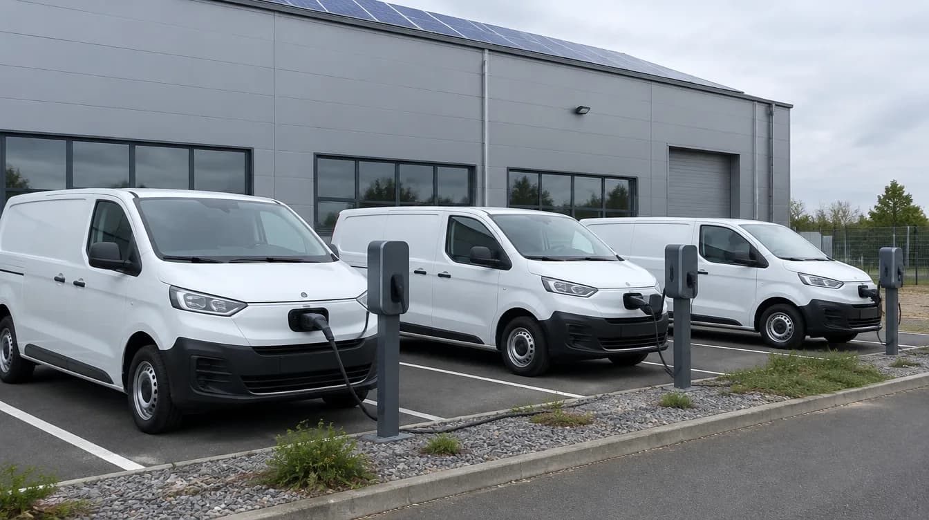 Utilitaires électriques en charge sur les bornes du parking d'une entreprise